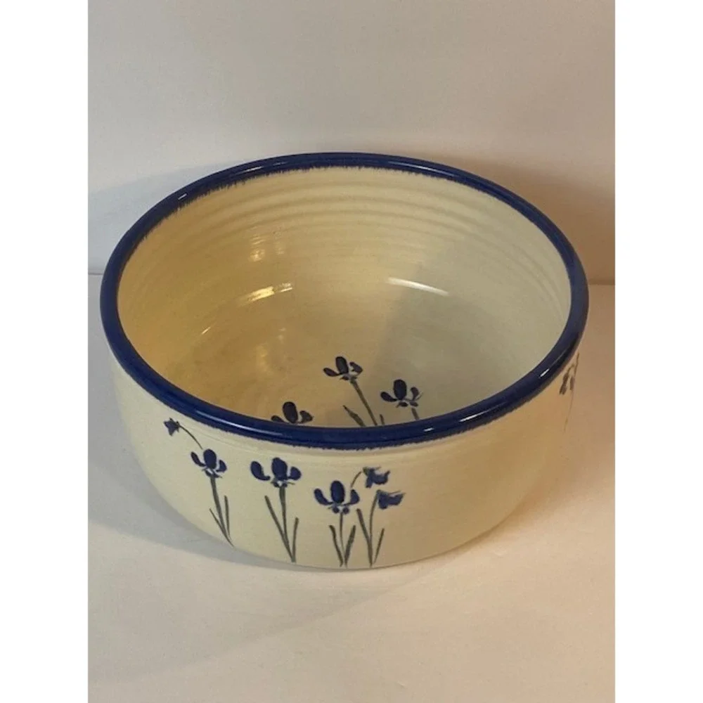 Lynn Gray Signed Studio Pottery Bowl Blue Iris Floral Cobalt Rim Large 9.5 Inch